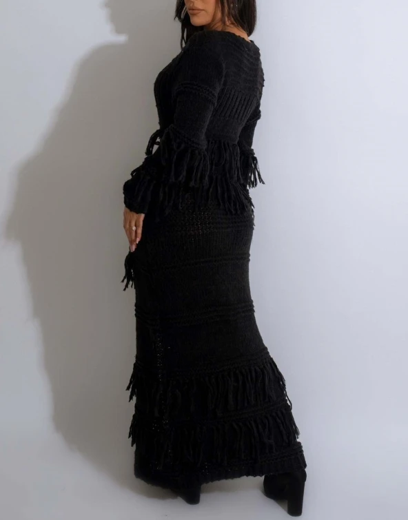 2024 Autumn Winter Long Sleeve Knitted Long Dresses For Women V-neck Tassel Pockets Single-breasted Party Club Sweater Dress