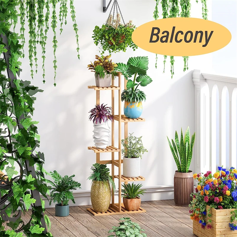 Hot Sales 5 Tier 6 Potted Tall Flower Stand Outdoor Bamboo Wooden Large Plant Stand Shelf