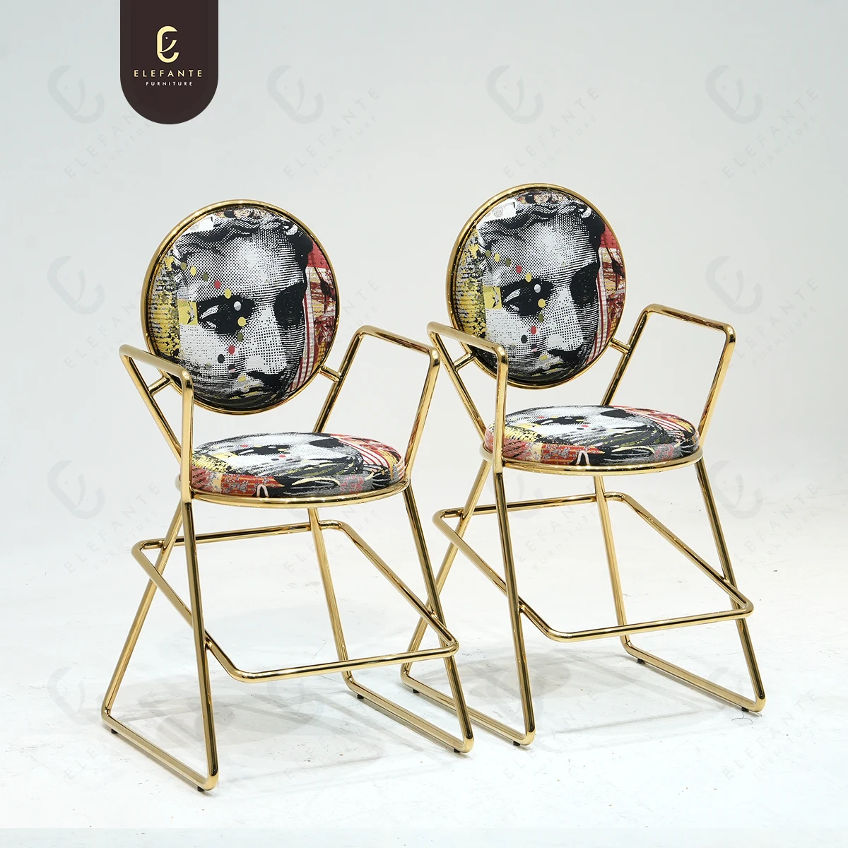 Modern Artistic Stainless Steel Chair Simple Golden Armrest Backrest Barstools with Printed Cushion