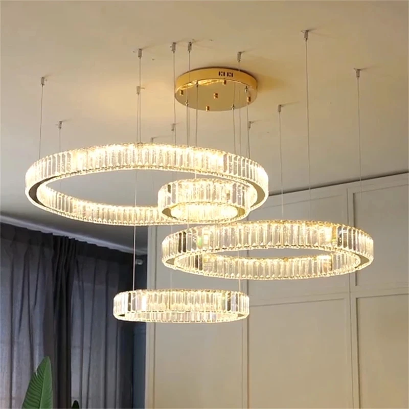 Modern LED Pendant Lamp for Living Room Crystal Hanging Lamp Circle Ring Suspended Chandelier Hotel Lobby Villa Stair Home Use