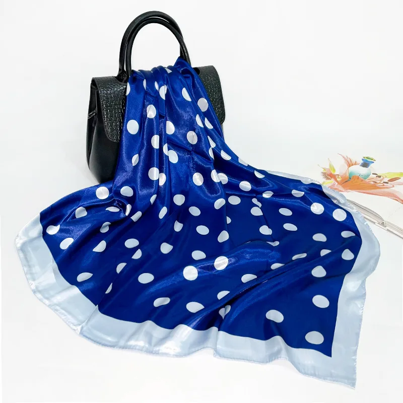Wholesale Fashion Women Square Silk Head Scarf Polka Dot Printed Satin Silk Hijabs Scarves 90x90