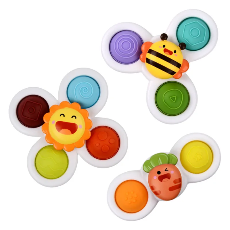 Hot-selling cartoon windmill rotating early education baby bath toy sucker gyro top toy toddler three-piece box