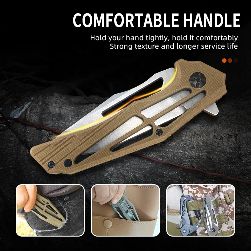 
The new camping outdoor tool hollow handle design 8cr13 stainless steel material lightweight folding knife camping 