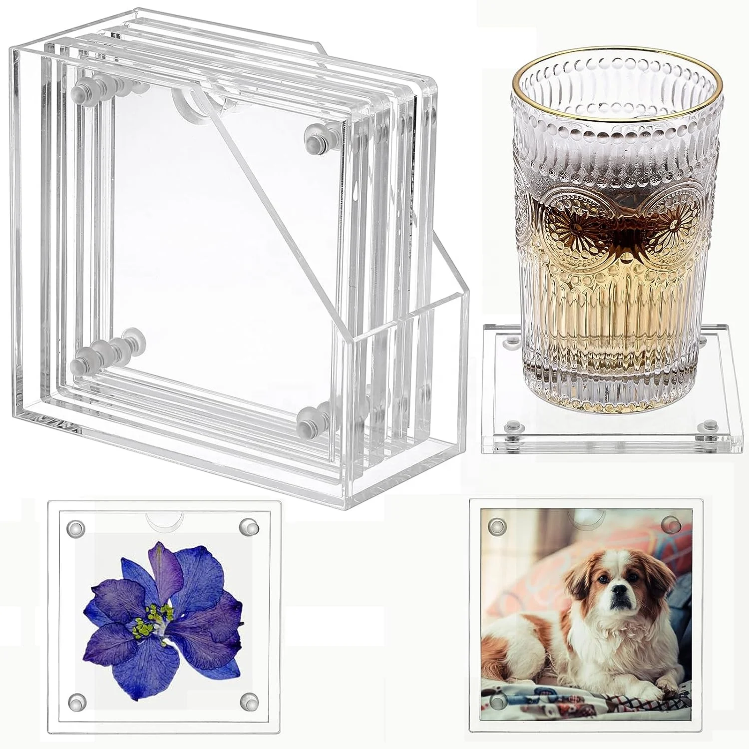 HQ Customized Acrylic Coaster Crystal Photo Frame Coaster DIY Picture cup Coasters set with holder for Coffee Table Restaurant