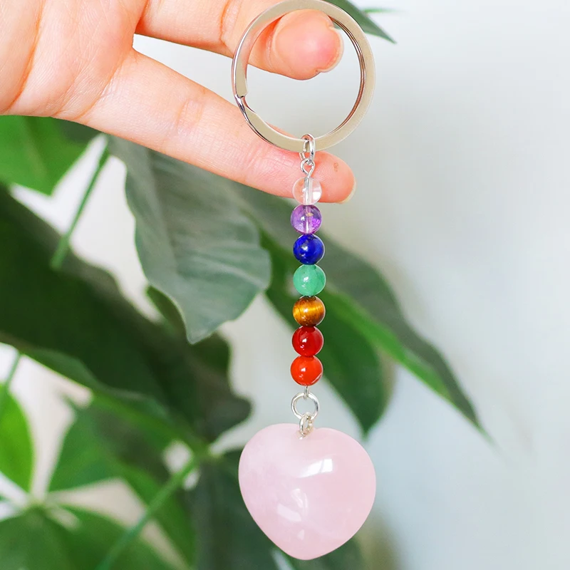 Wholesale raw crystal heart keychain rose quartz Personalized Heart-shaped Crystal Key chains