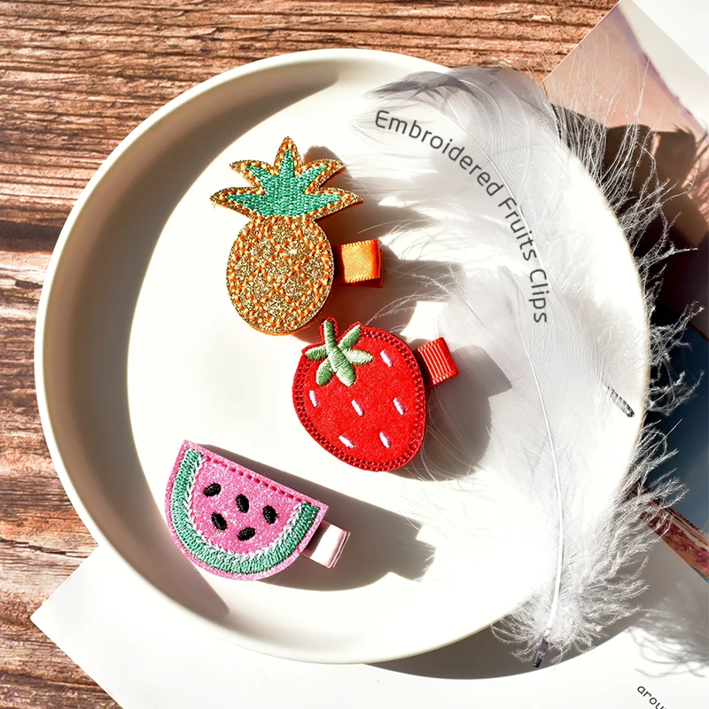 
61126 Cute Baby Girls Embroidery Fruit Hairgrips Fully Lined Alligator Hair Clip Accessories Decoration Covered Hairpin Cheap 