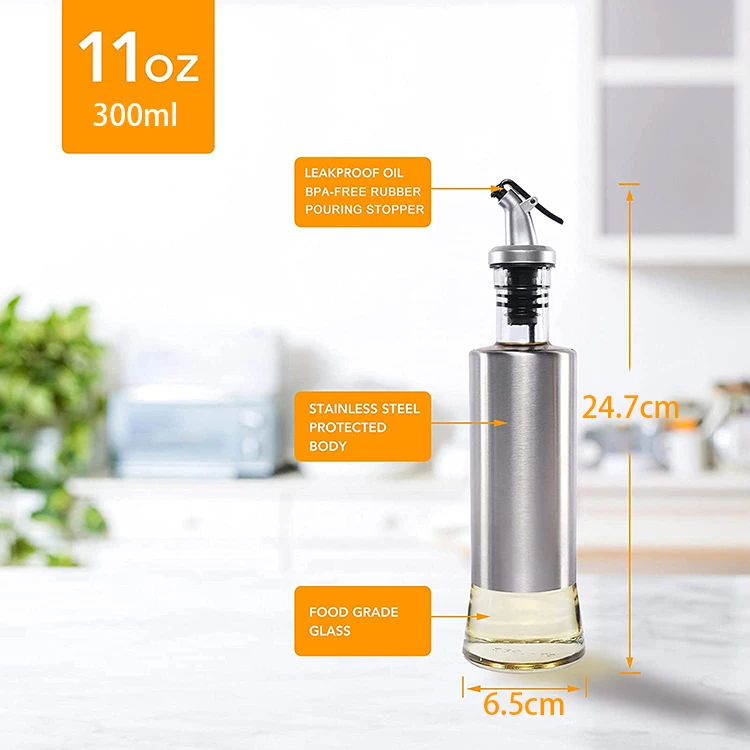 Wholesale BBQ Glass Oil Bottle Stainless Steel Nested Glass Olive Oil Vinegar Bottle Dispenser Set  200ml 300ml 500ml