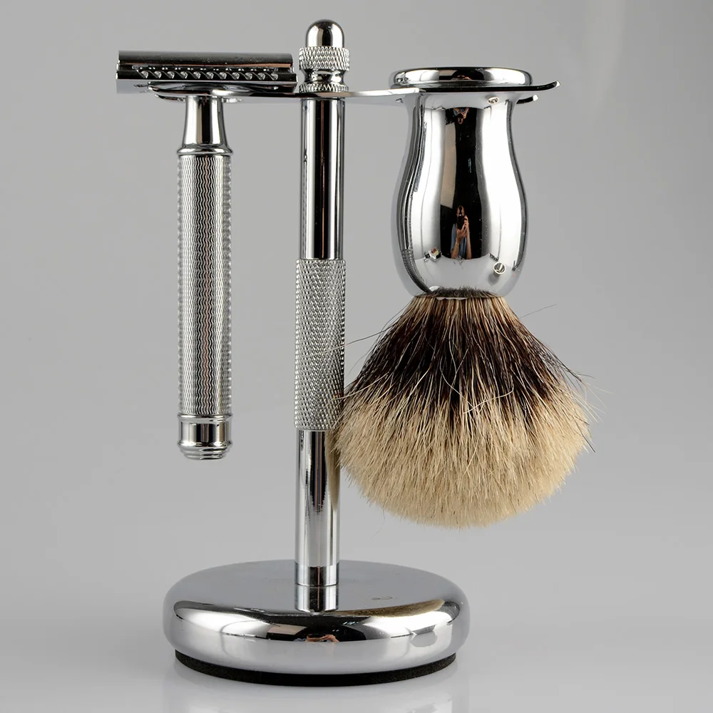 Kinghood Private Label Sliver Color Metal Double Edge Safety Razor Shaving Brush Set