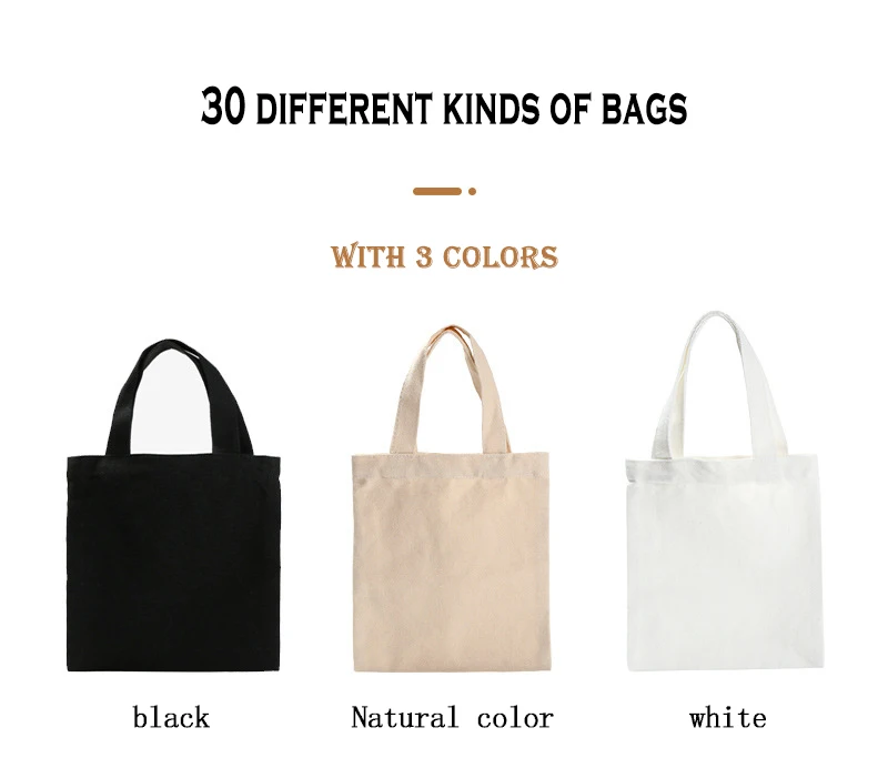 wholesale 30 styles Black white natural color reusable cotton canvas tote shopping custom bag Gift bags With Custom