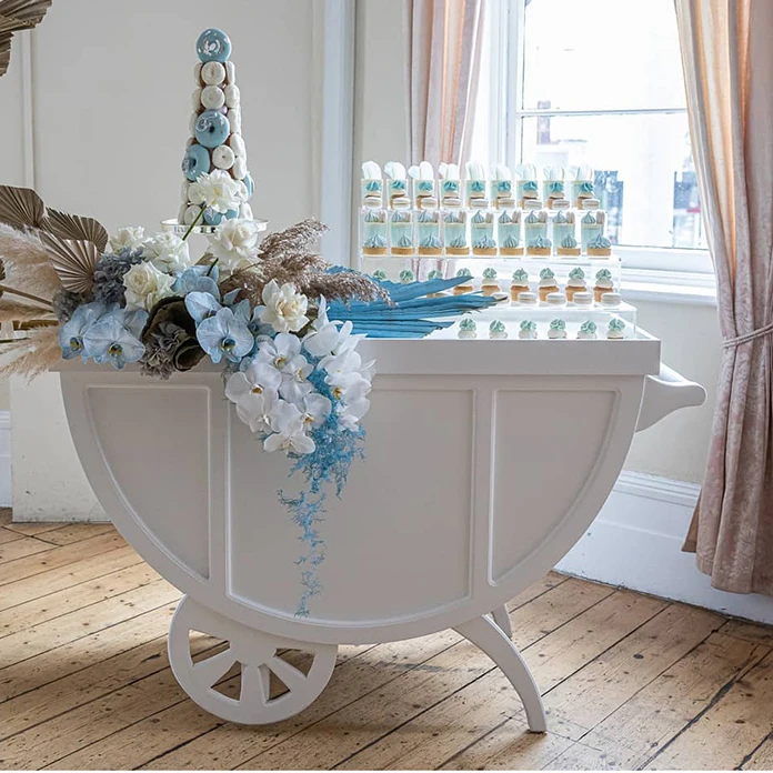 Wedding party decorative half moon dessert display white pvc candy cart