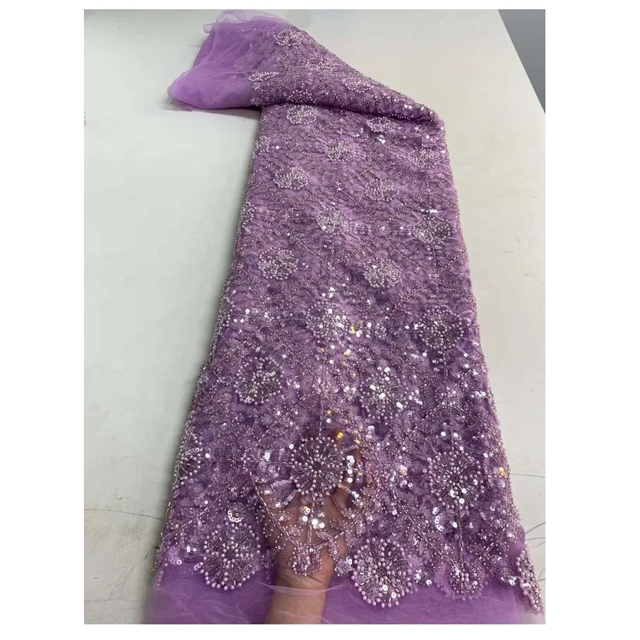 Beautiful And Unique Designs French Lace With Sequins&Beads And White Color Tulle Lace Fabric For Women Wedding Dress Wear