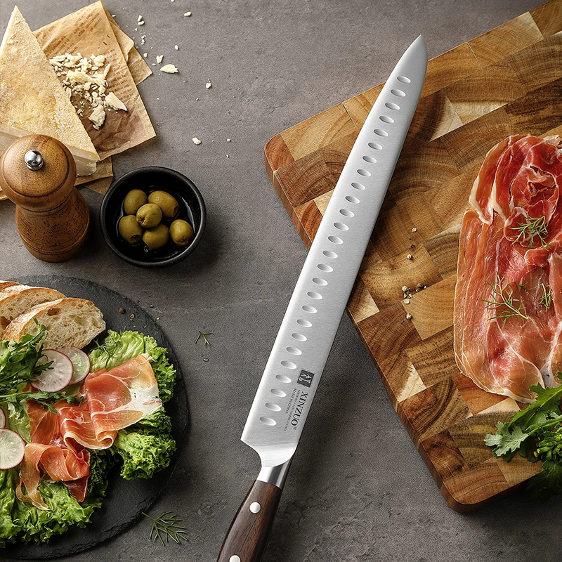 2022 New Arrivals German 1.4116 Stainless Steel Kitchen Meat Slicing Knives Granton Carving Knife with Red Sandalwood Handle