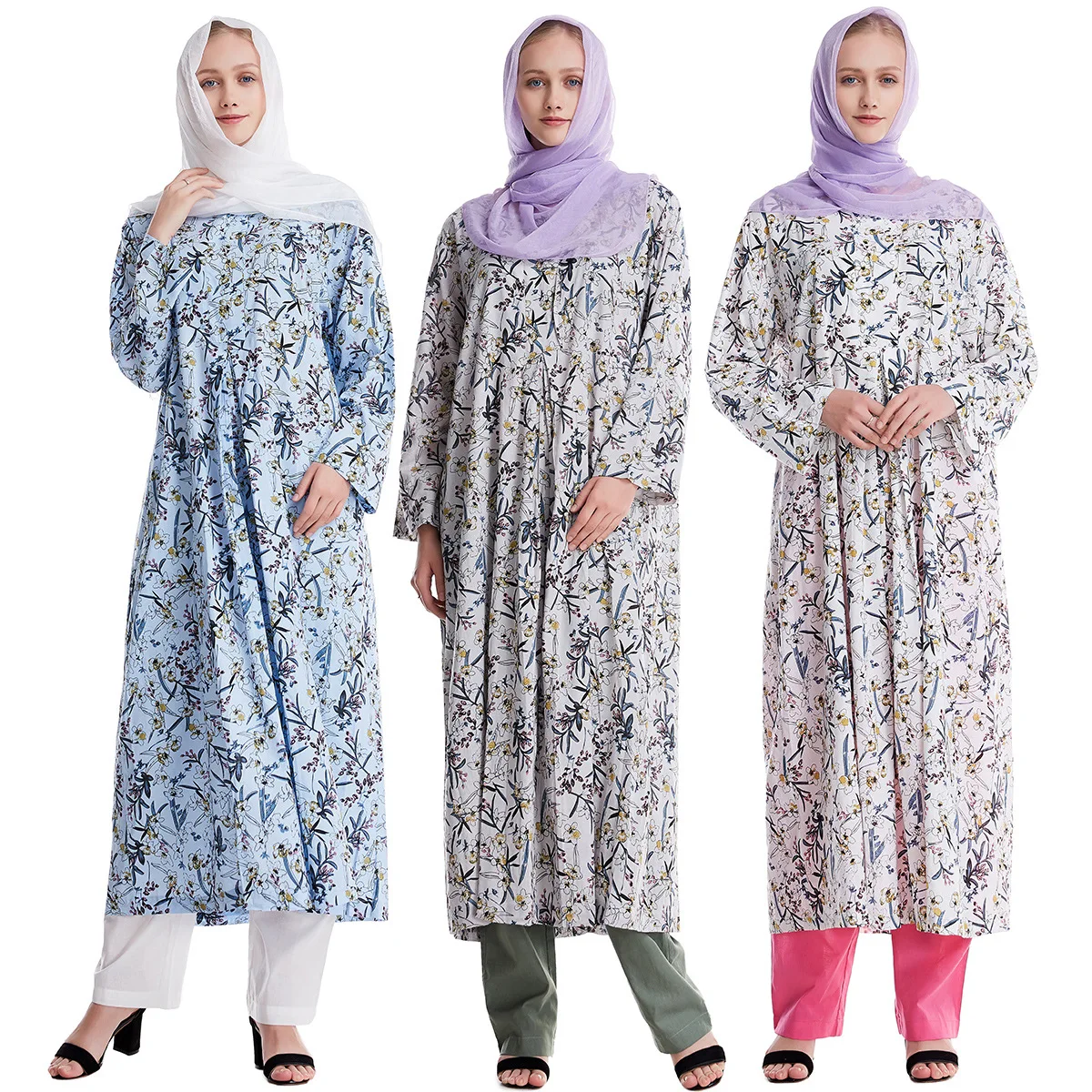 KaiChen Elegent Dubai Arab Islamic Pants +Dress Robe Floral Print Tops Khimar Muslim Abaya Prayer Women Clothing 2 Piece Sets