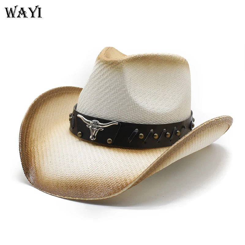 Western Cowboy Hat for Men Women Spring Summer Knight Riding Beach Travel Vacation Shade Hard Straw Top Striped Style Adults