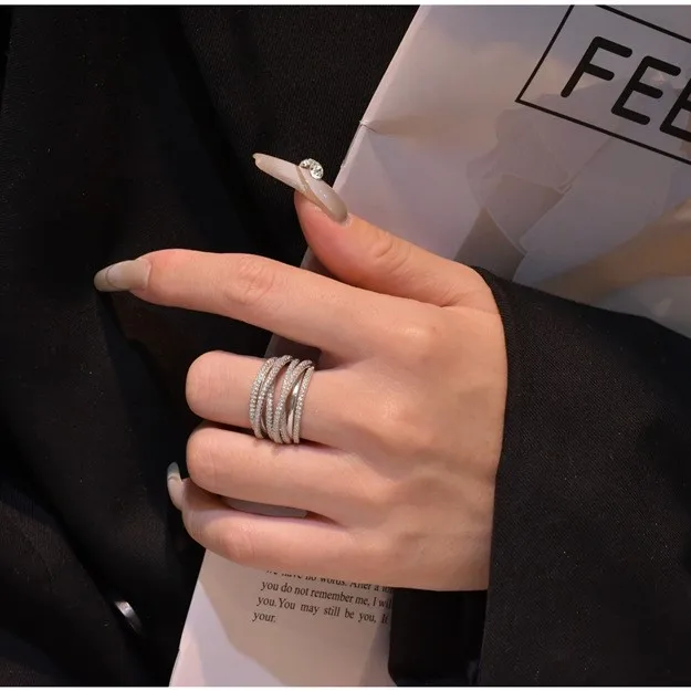 Punk zircon rings womens 13mm wide multi layer weave cz jewelry 925 sterling silver cubic zirconia ring