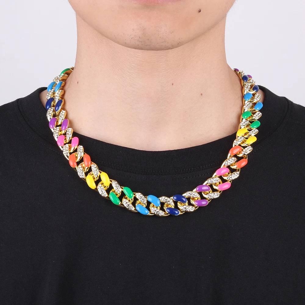 Hip-hop Enamel Rhinestone Colorful Chain Link For Men Miami Punk Pig Nose Cuban Necklace Luxury Crystal Bracelet Jewelry Gift
