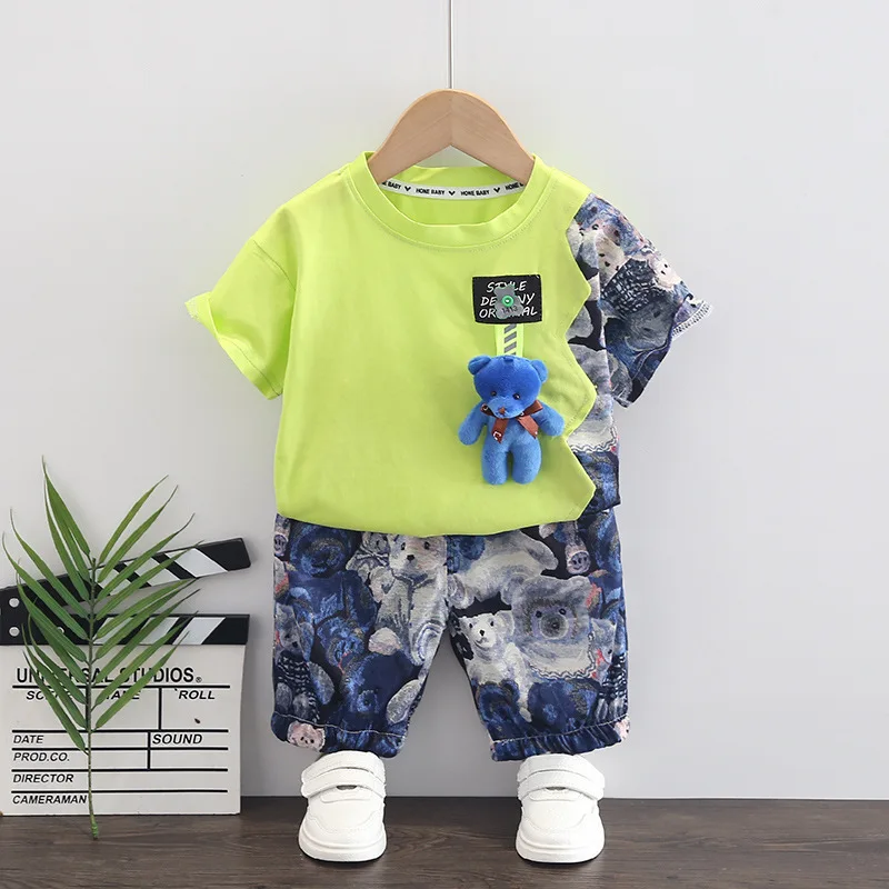 Summer Kids Clothing Bear Decor Toddler Boys Casual Two Piece Painted Outfit Set 0-5 Years Shorts Children Clothes Sets for Baby