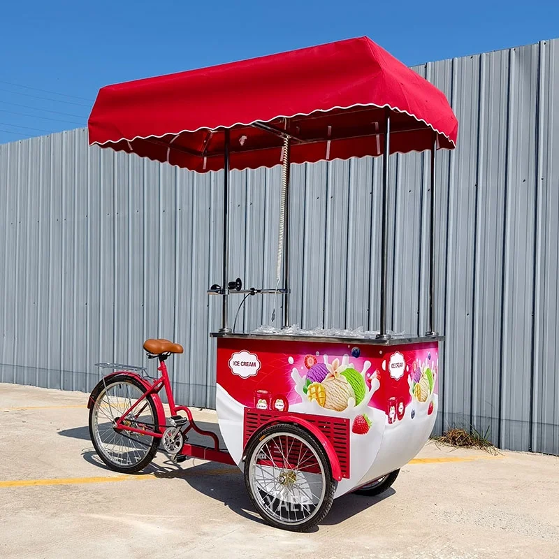YAER Italian Gelato Bike Ice Cream Cart Mobile Push Gelato Showcase Freezers Vending Cart for Outdoor Sale Vending Machine Fruit