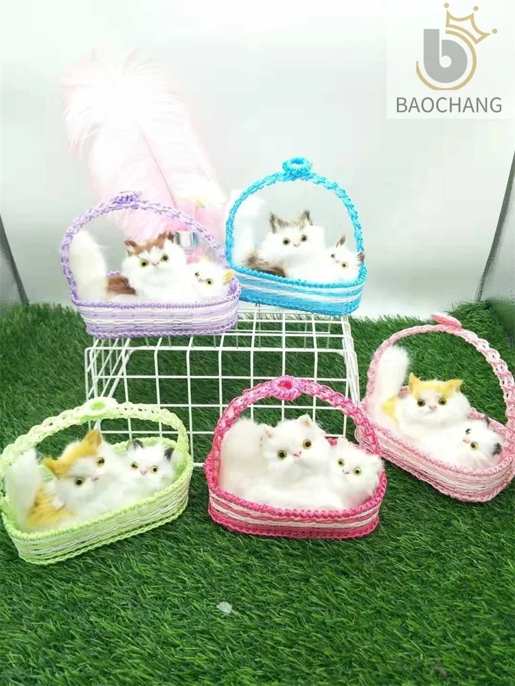High quality plush animal plush cat in plastic Basket  with sound for  holiday Gifts Home Decoration