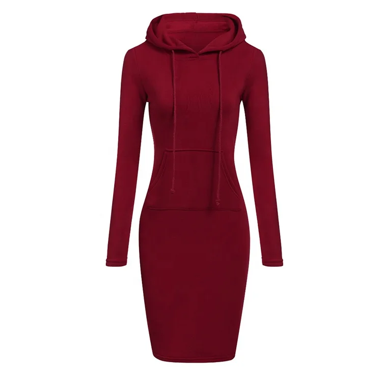 Wholesale Autumn Women Casual Long Sleeve Drawstring Hoodie Sweater Dress With Pocket