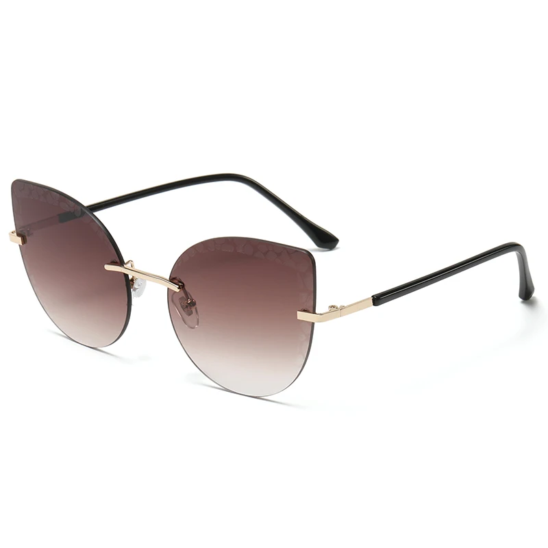 2022 New Fashion Large Frame Cat Eye Rimless Cut Edge Metal Glasses Gradient Sunglasses