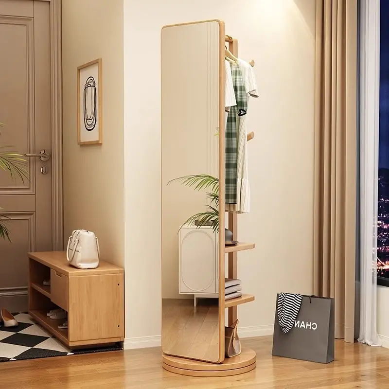 Solid wood floor-standing full-length dressing mirror  movable feature integrated with hanging rack for bedroom use