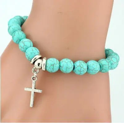 Kiss Boho Vintage Turquoise Blue Beads Elephant Owl Bird Heart Cross High-heeled Shoes Dangle Charm Stretch Beaded Bracelet Sets