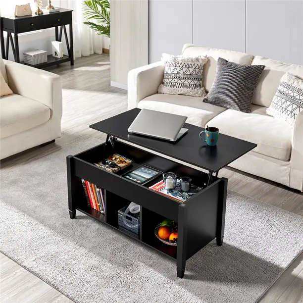 Modern Luxury Multifunctional Design Home Black Furniture Rectangular Solid Wooden Lift Top Tea Coffee Table with Storage Shelf