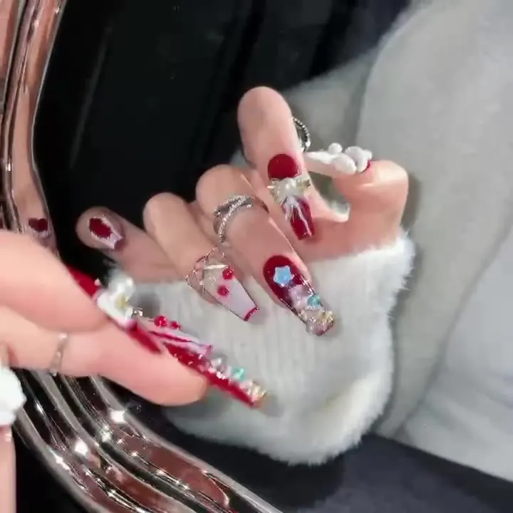 Hot sale press on nails wholesale 10Pcs French  drill Full cover  Christmas style artificial press on nails 1215