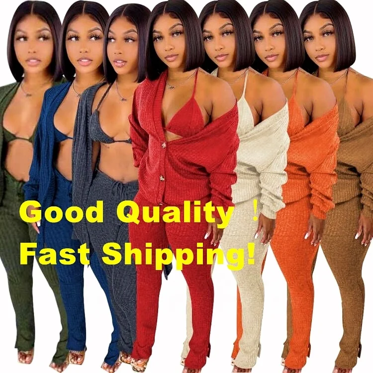 New Arrival Cardigan And Long Pants 3 Piece Set Lady 3PC Sweater Bikini And Skinny Pant Outfits Sexy Women Clothing