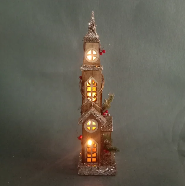 indoor mini wooden lighted church house village with led lights for Christmas decoration
