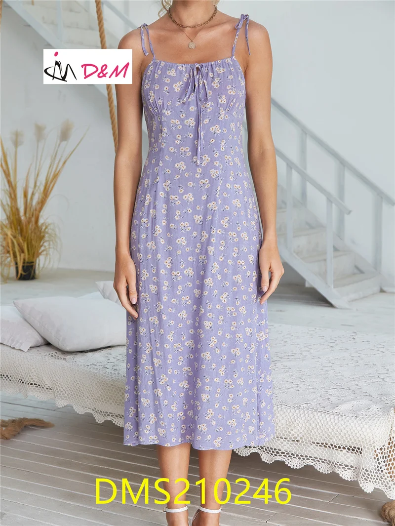 D&M 2021 Summer Clothes Midi Dress Print High Waist Tie Strap Long Sexy Casual Women Violet 100 Pieces Per Style Per Color T/T