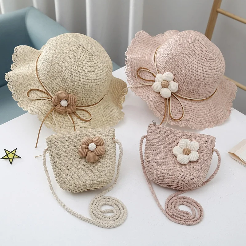 2024 Vintage Summer Straw Bag and Sun Bucket Hat Set for Kids Polyester Lining Open Closure Beach Usage