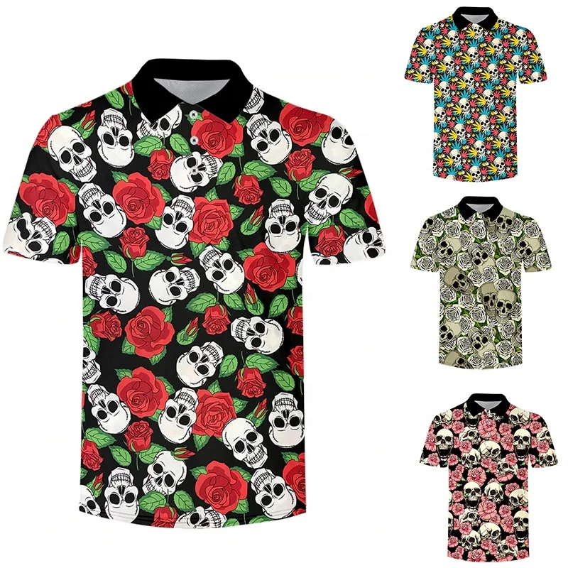 Custom Full Over Sublimation Printing Rose Flowers Skull Pattern Polo Shirts Summer Casual T-shirts Polyester Men Polo Shirts