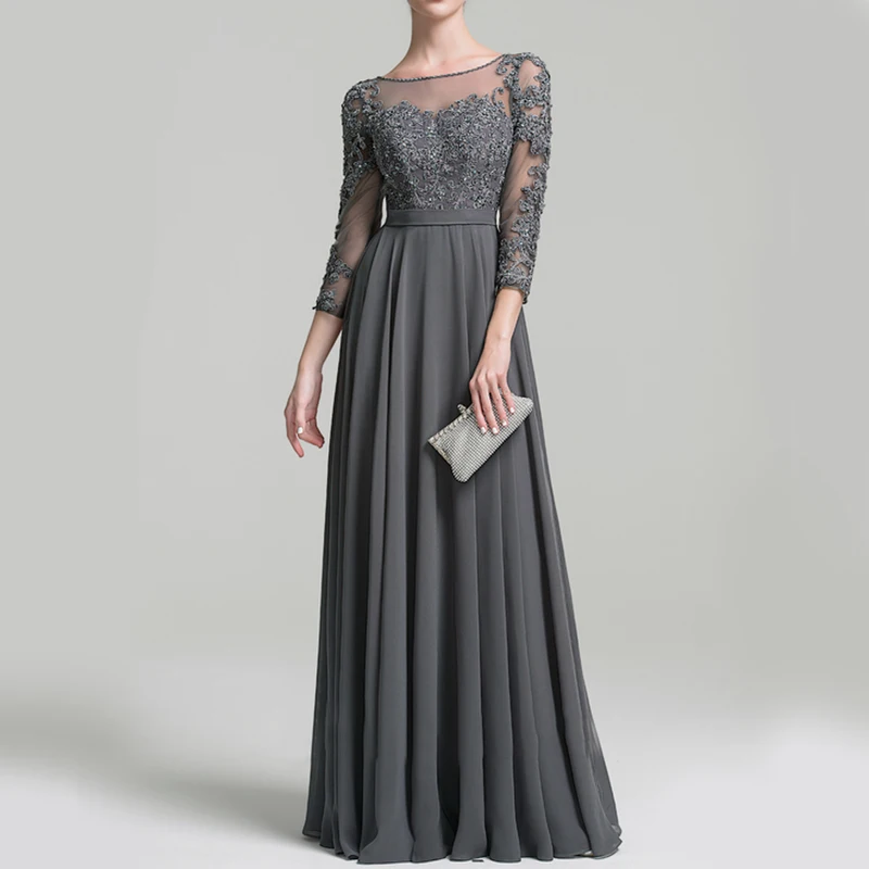 Floor Length Long Sleeve Long Gown Gray Color Women Bridesmaid Dresses