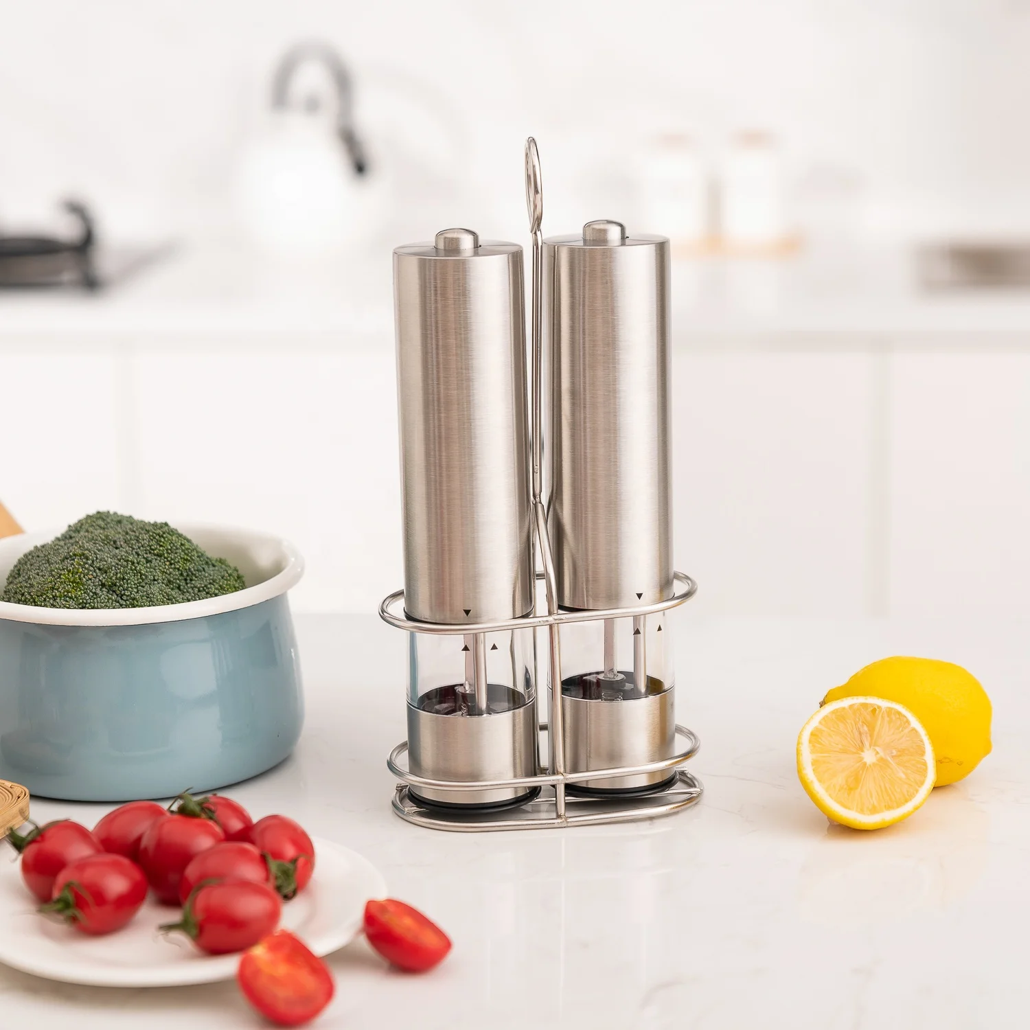 Electric Pepper Mill Set with Stainless Steel Stand Pepper&Salt Grinder Set