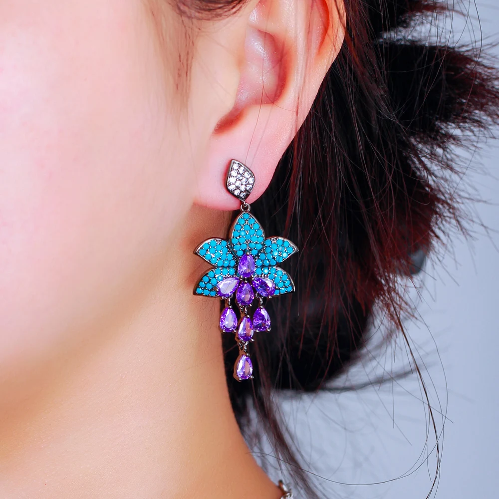Unusual Design 2024 Party Cubic Zircon and Turquoise Stone Long Drop Purple Earrings for Women Jewelry Accessories