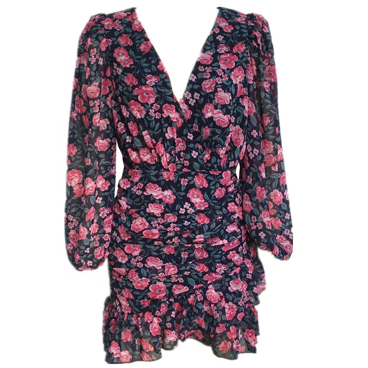 Женское мини-платье с запахом, с длинным рукавом и V-образным вырезом