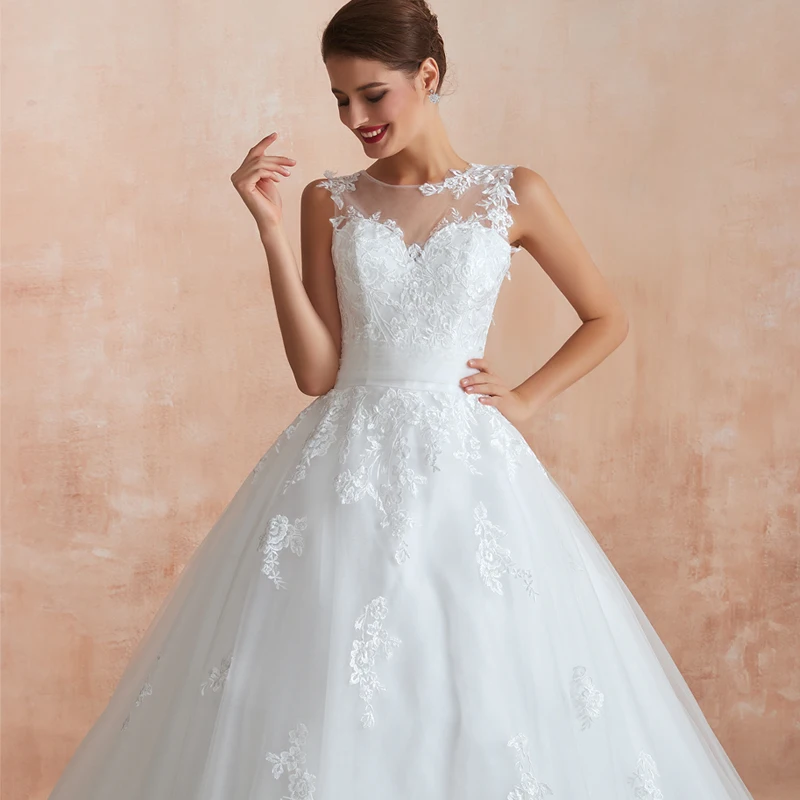 Custom Luxury White Lace Princess Long Women Tulle Applique Prom Party Wedding Dress