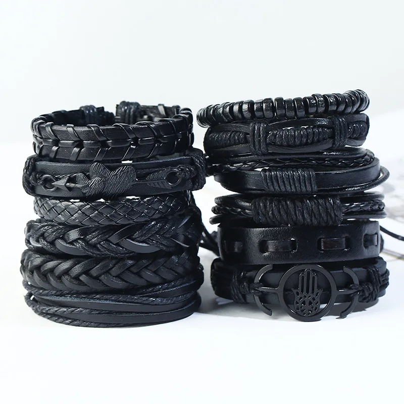 Europe Vintage Woven 12 Pcs A Set Cowhide Bracelet Men DIY Genuine Leather Combination Bracelet