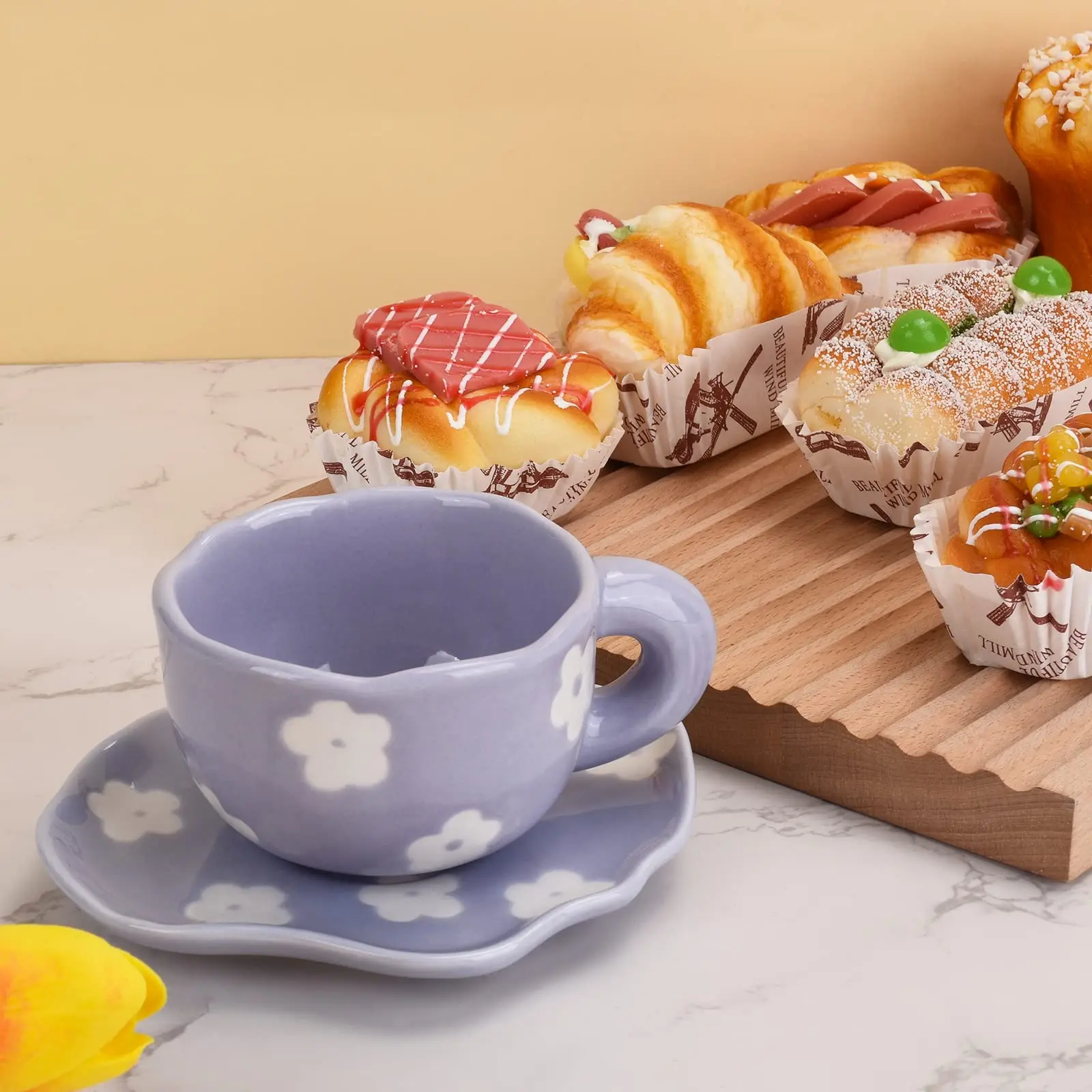 Ins Style Ceramic Hand Kneaded Coffee Cup and Saucer Set Irregular Saucer Cups for Office and Home