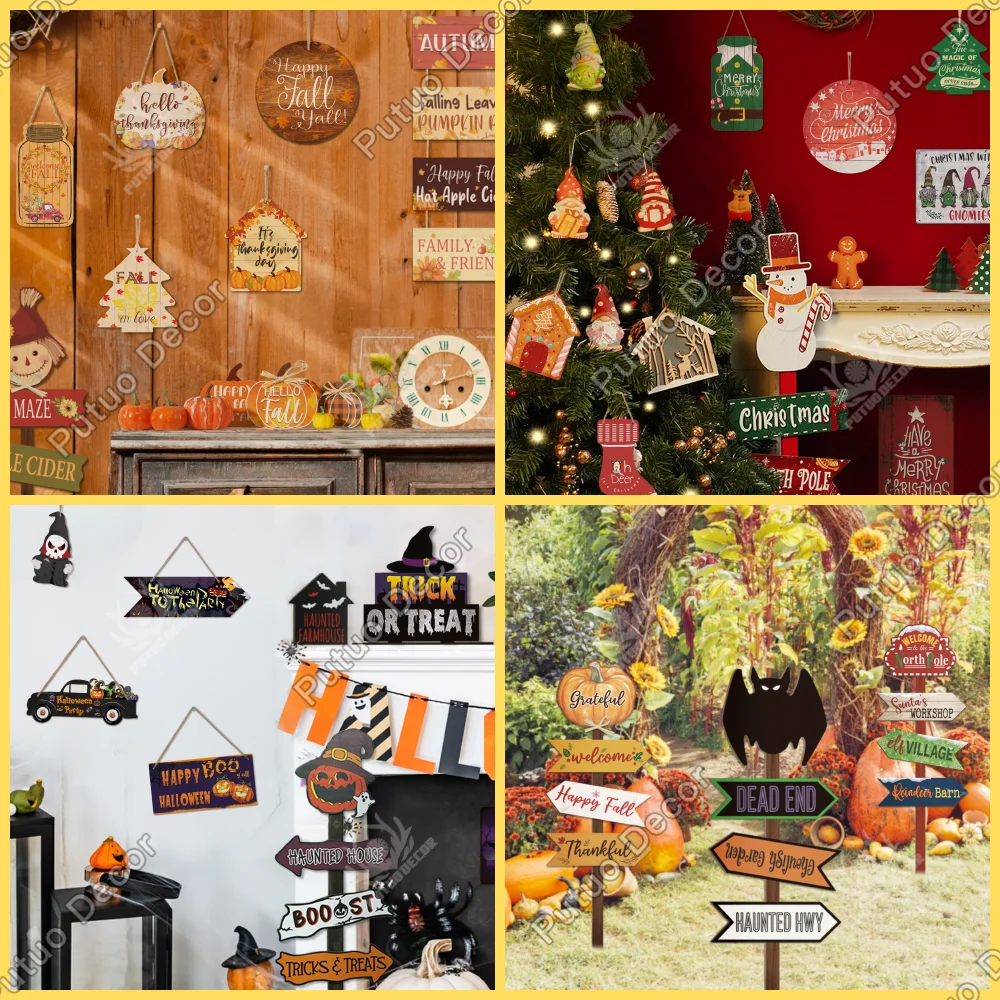 Putuo Decor Custom Christmas Wooden Sign Box Sign Halloween Ornament Yard Sign for Thanksgiving Decoration Gift