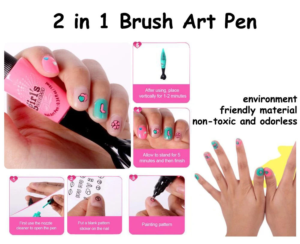 Non Toxic Kids Nail Polish Sticker Art Pens Makeup Toy Set for Girls 8 to 12 Age Children Cosmetic Kit
