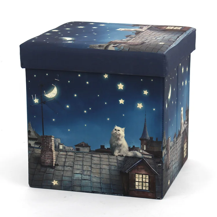 Customized Blue Star Cartoon Cat Foldable storage ottoman with LED Design for living room