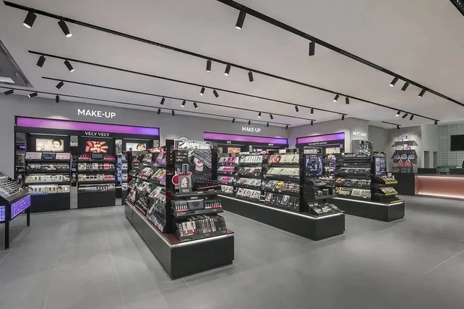 Shopping mall uses special custom made LED light acrylic cosmetic display showcase with makeup mirror