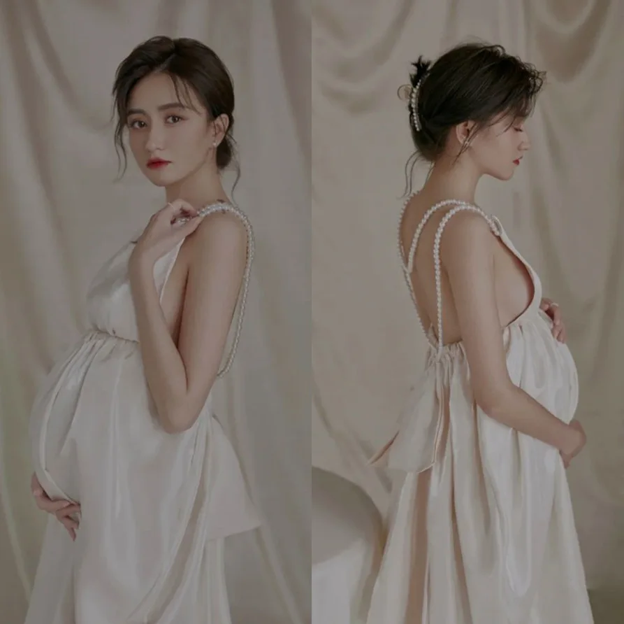 Temperament Dress Skirt Pearl Open Back Bow Dress Maternity Clothes Summer Maternity Corporate Clothes For Photo Shoot