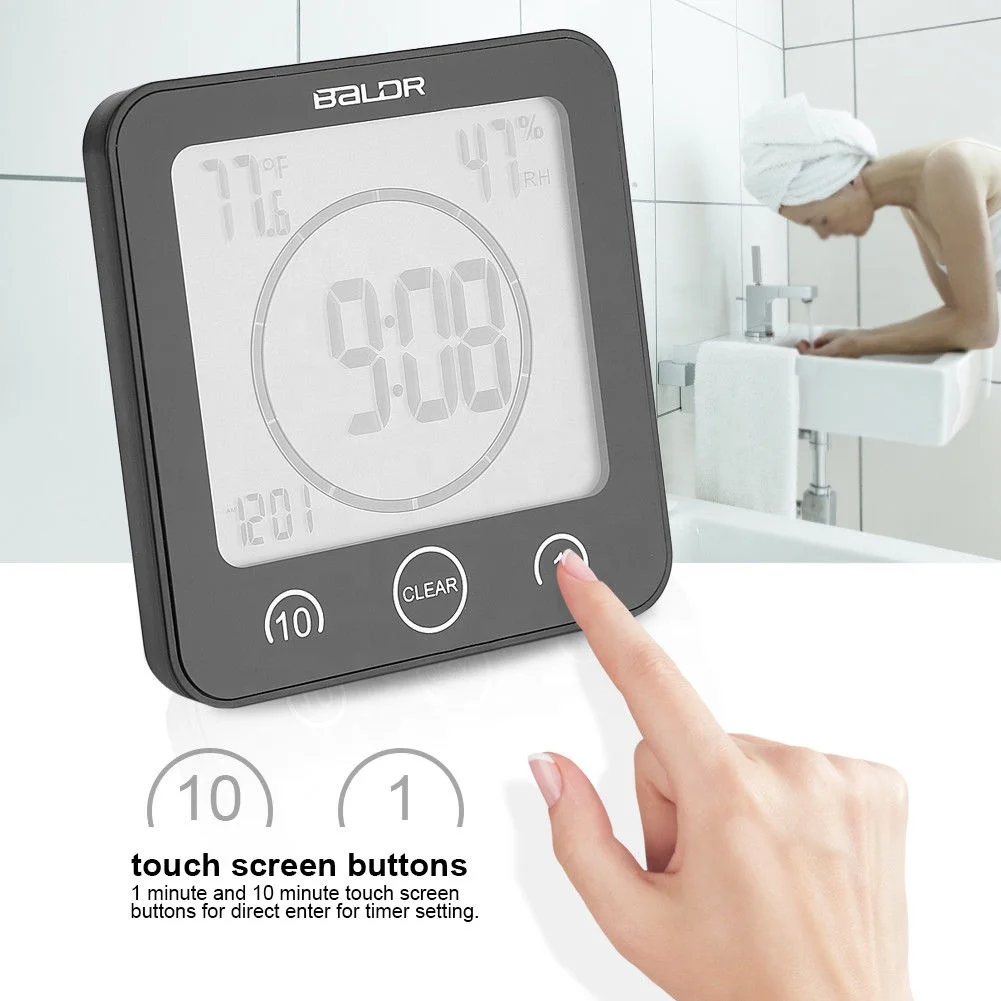 
BALDR B0007 Waterproof Shower Clock with Timer Suction Cups Wall Clock Hygrometer Thermometer Mounted Bathroom Clock 