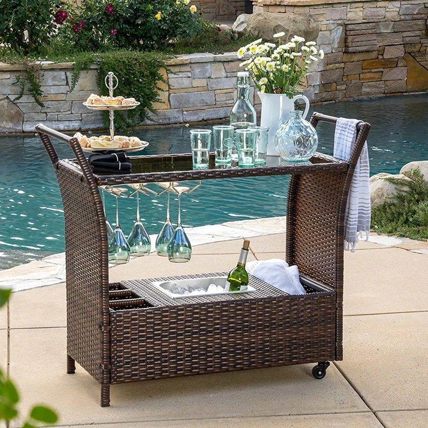 Outdoor Rattan Metal Glass Tea Wine Food Catering Drinks Serving Trolley Bar Cart Hotel Restaurant Banquet Wedding Party