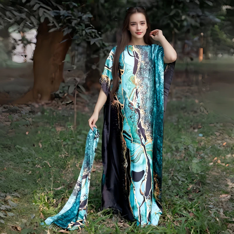 Wholesale luxury designer silk printed robes with headscarf ethnic style african loose women polyester silk muslim kaftans gowns