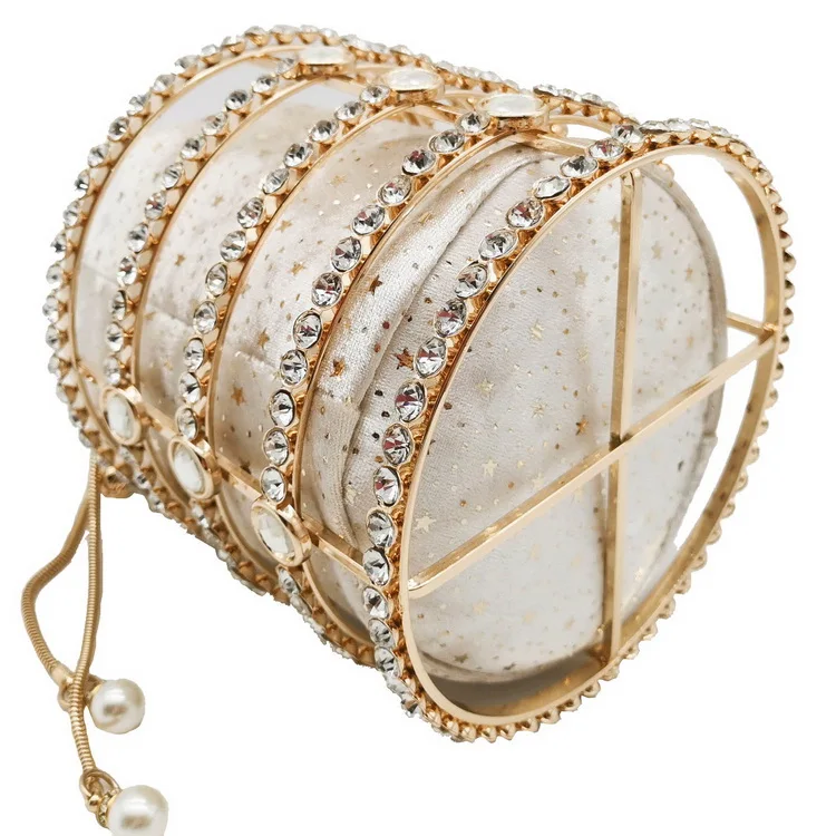 
Fashion Shinny Luxury Party Women Pearl Rhinestone Chains Bucket Metal Evening Handbag Clutch Bag Crystal Wedding Handbags 